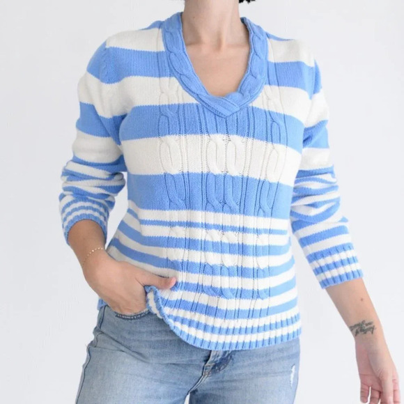 Vintage 90's Y2K Tommy Hilfiger Blue & White Stripe V-Neck Long Sleeve Sweater - Picture 3 of 12